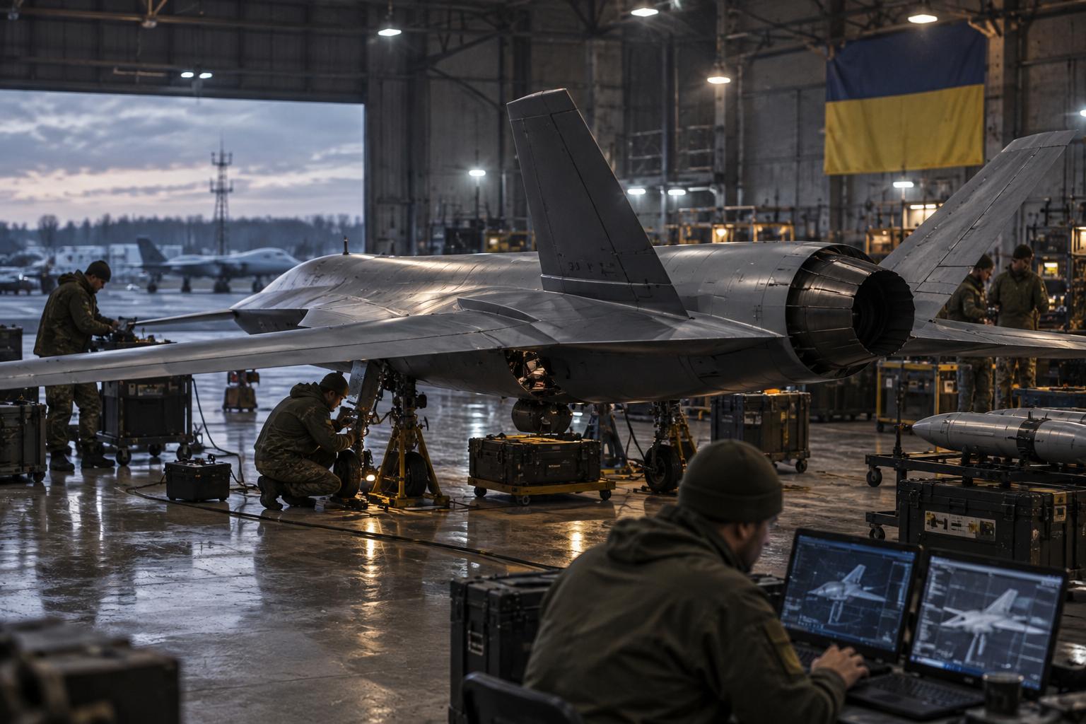 Technicians integrating a sensor payload on a low-observable UAV inside a hangar