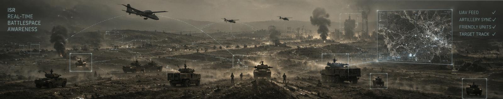 Battlespace view with UAV feeds, friendly-unit tracks and target tracks overlaid