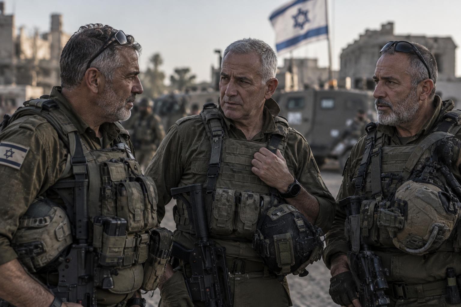 Three senior officers in conversation at a forward operating area